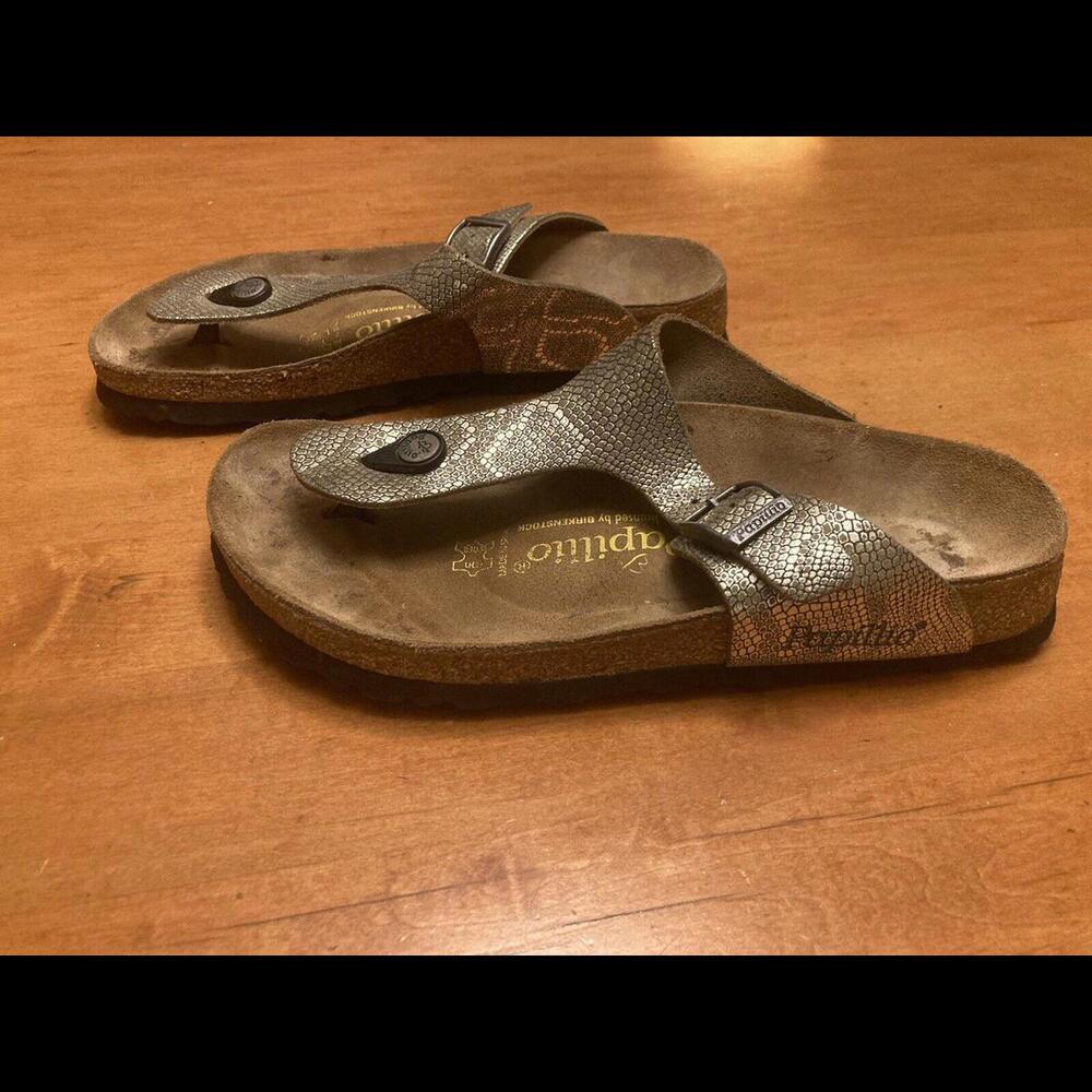Birkenstock Papillio Sandals Size 7 EU 38 Gizeh Leather Metallic Gold Snake